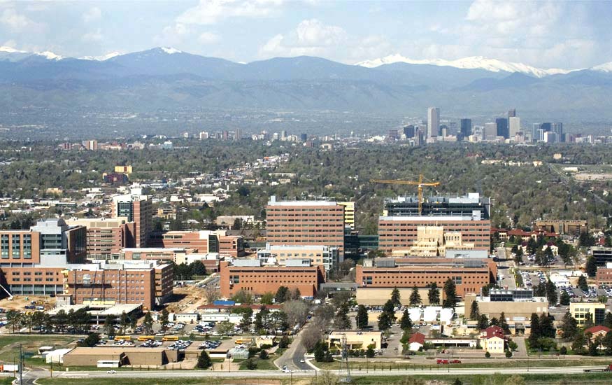 Arial photo of Aurora, CO looking toward the rocky mountains