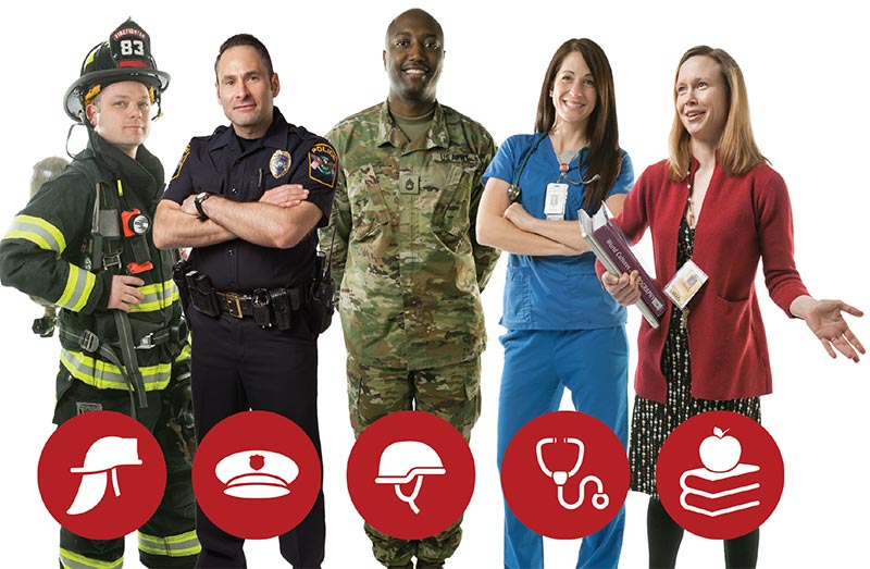 Firefighter, police, military veteran, nurse, and teacher