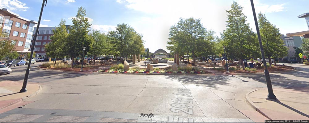 Street view of Founders' Green in Stapleton, Denver, CO.