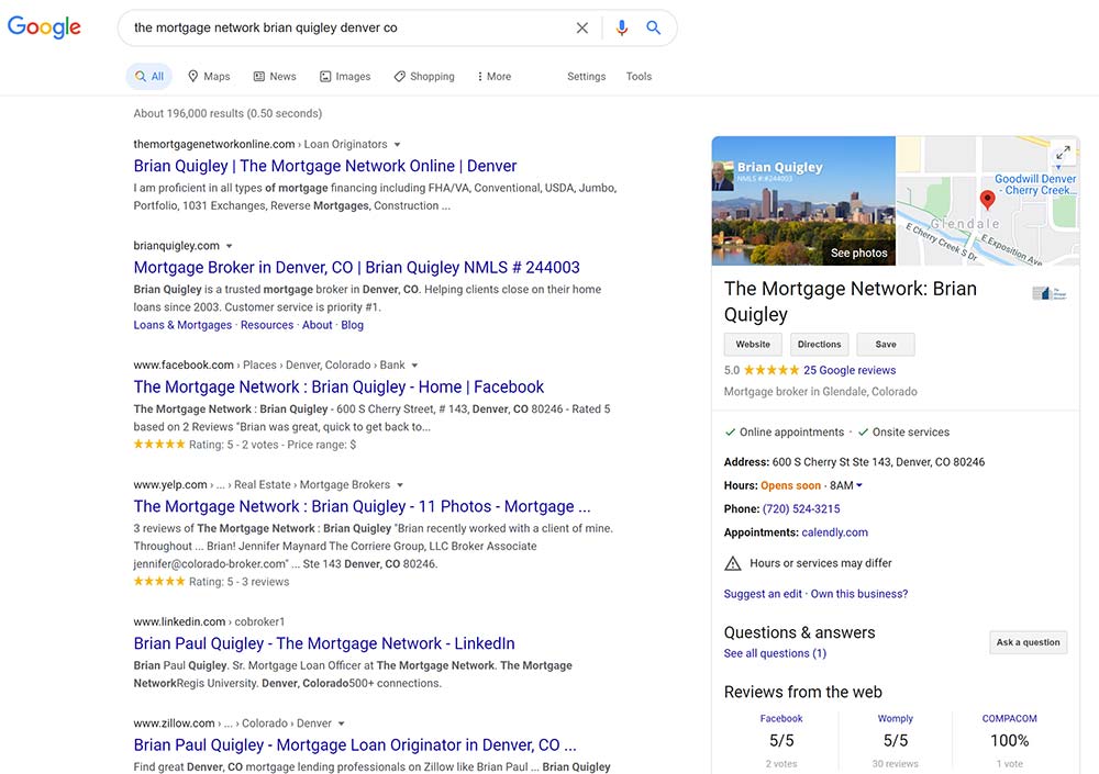 A screenshot of the results of a google search for mortgage Broker Brian Quigley in Denver, CO