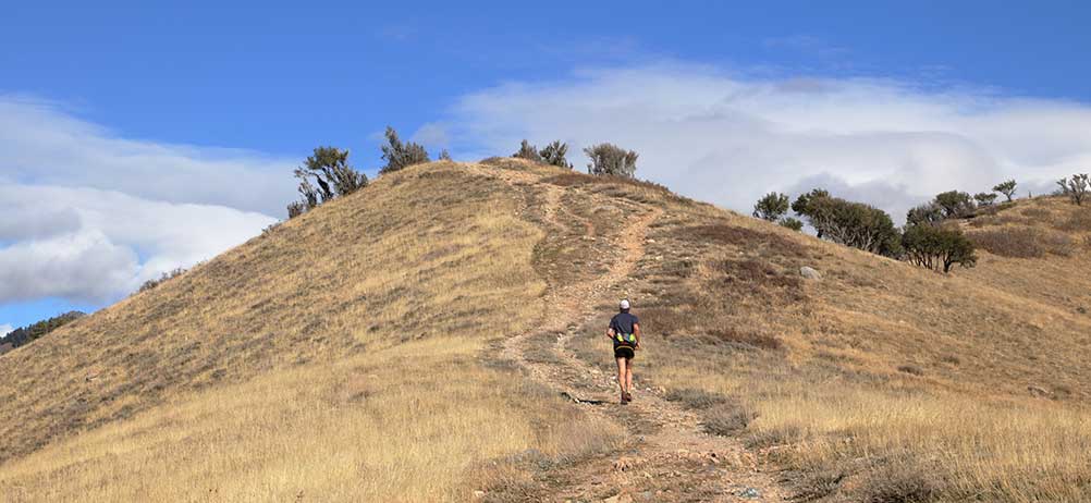 trail runner on a hiking trail in the foothills near Golden, Colorado